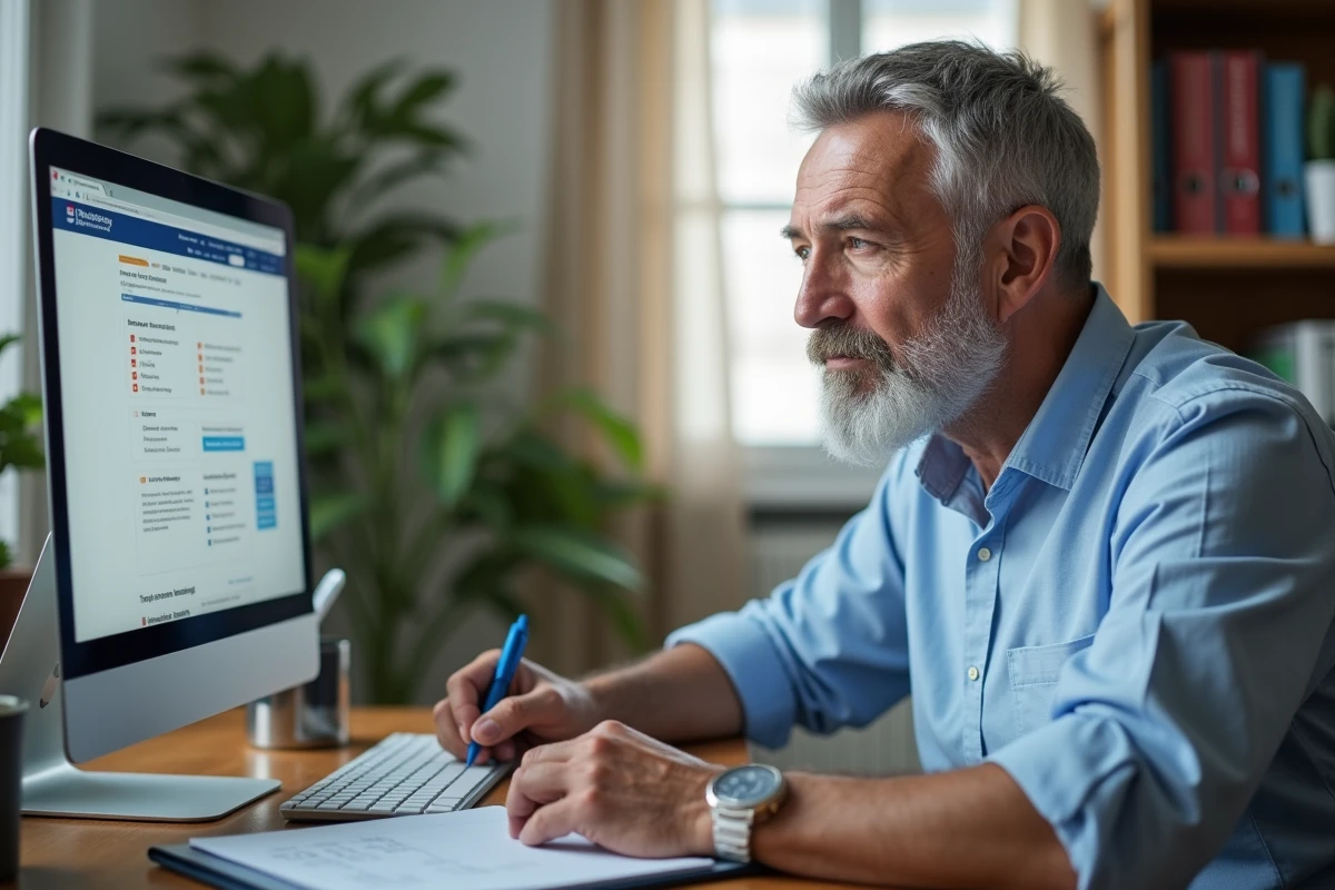 Retraité consultant le site des impôts en ligne depuis son bureau à domicile pour vérifier son abattement fiscal en 2026