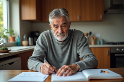 Homme retraité relisant des documents chez lui