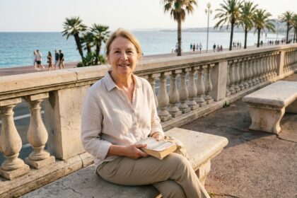 Femme retraitée lisant sur la Promenade des Anglais à Nice avec vue sur la mer Méditerranée