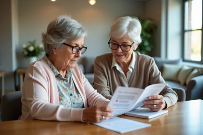 Femme âgée et fille discutent dans un salon moderne de retraite
