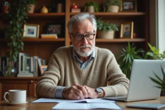 Retraité SNCF consultant ses documents d'identifiants sur un ordinateur portable à son bureau à domicile