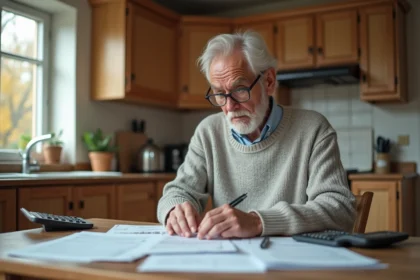 Un retraité en pull gris étudiant des documents fiscaux et des relevés de pension sur une table en bois dans sa cuisine