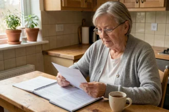 Femme retraitée qui examine son budget et ses documents de retraite à la table de cuisine