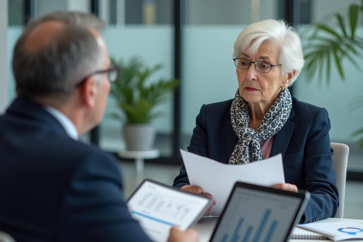 Retraitée consultant un conseiller fiscal dans un bureau professionnel pour comprendre les changements d'abattement fiscal prévus en 2026