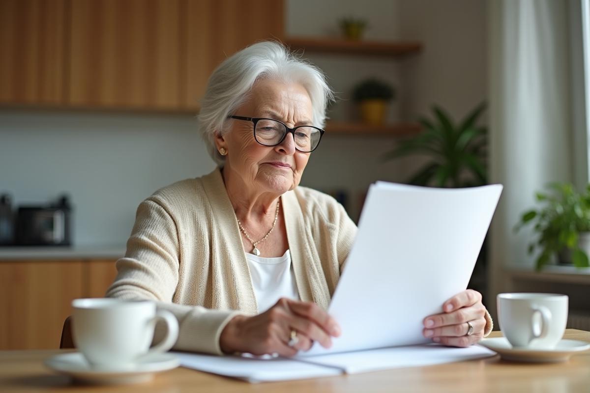 Femme retraitée lisant des papiers dans sa cuisine chaleureuse