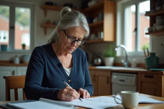 Femme retraitée à faibles revenus examinant ses documents d'aides sociales à la retraite