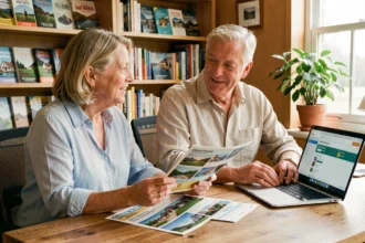 Couple de retraités SNCF organisant leur séjour en consultant des brochures et un site de réservation de train