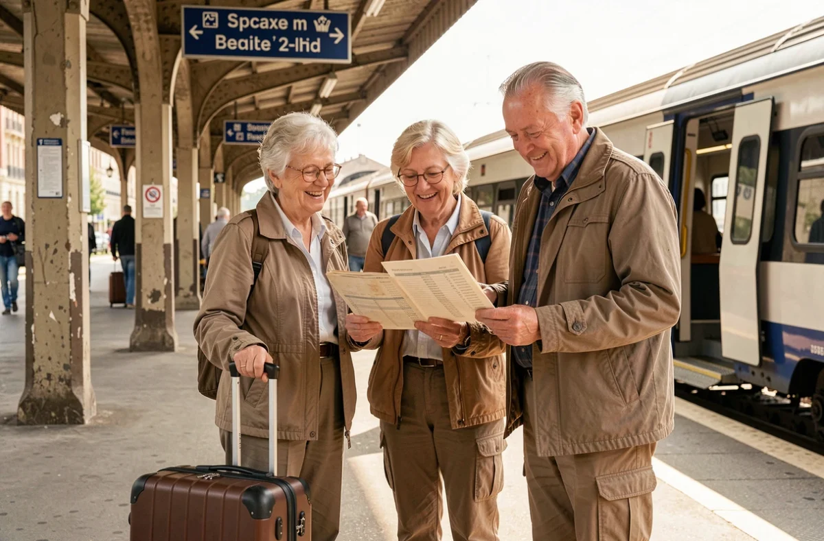 Groupe de retraités SNCF sur un quai de gare prêts à partir en séjour organisé avec leurs bagages