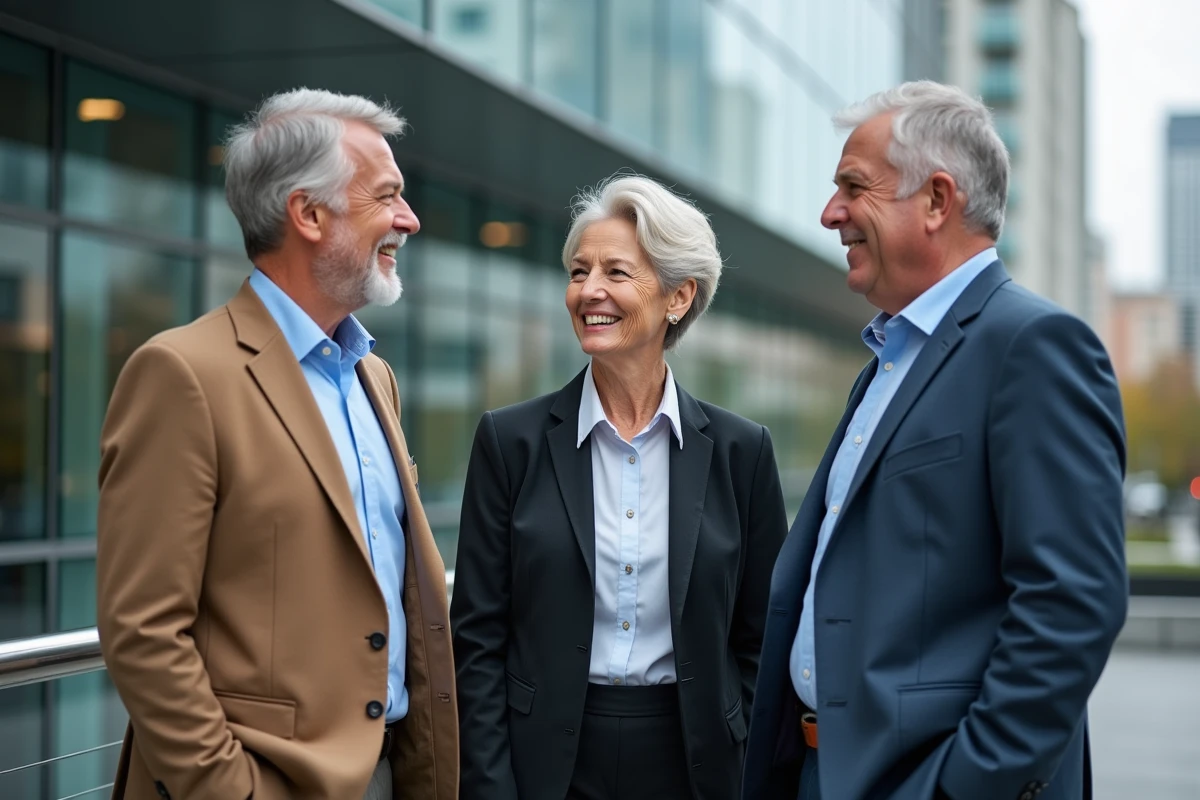 Trois professionnels seniors discutant en extérieur dans un cadre urbain