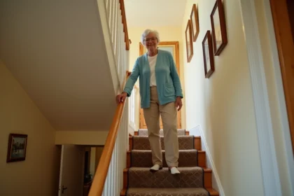 Femme âgée tenant la rampe d'un escalier droit en bois à l'intérieur d'une maison, évaluant la compatibilité avec un monte escalier portable