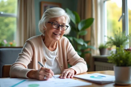 Femme senior souriante lit des papiers financiers dans son salon