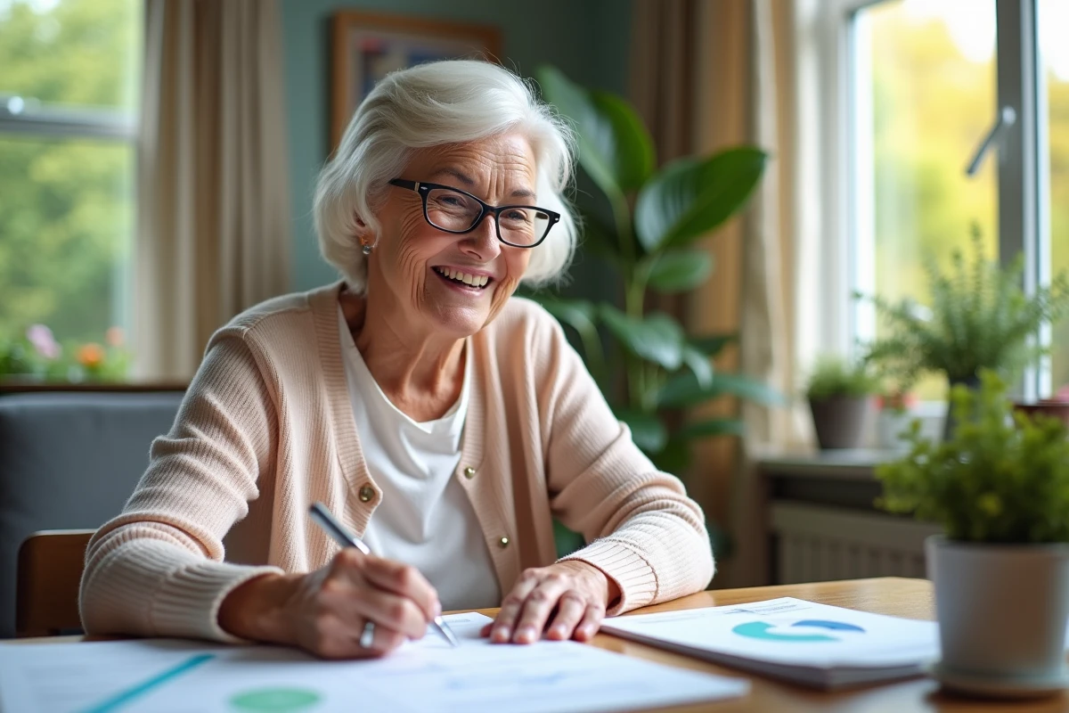 Femme senior souriante lit des papiers financiers dans son salon
