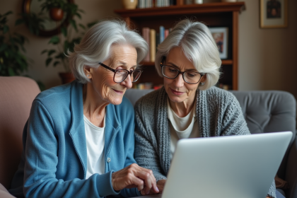 Femme senior écoute sa fille expliquer un ordinateur dans un salon chaleureux