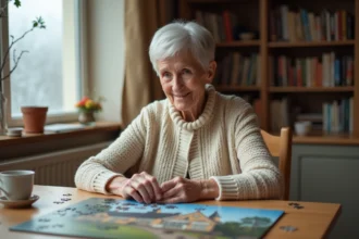 Une femme senior aux cheveux argentés joue seule à un puzzle sur une table en bois un après-midi d'hiver