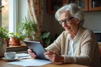 Femme senior utilisant une tablette à la maison