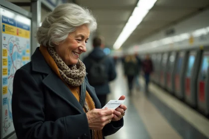 Femme senior souriante validant son ticket de metro