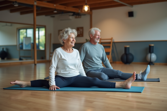 Seniors en séance de stretching dans une salle de sport moderne
