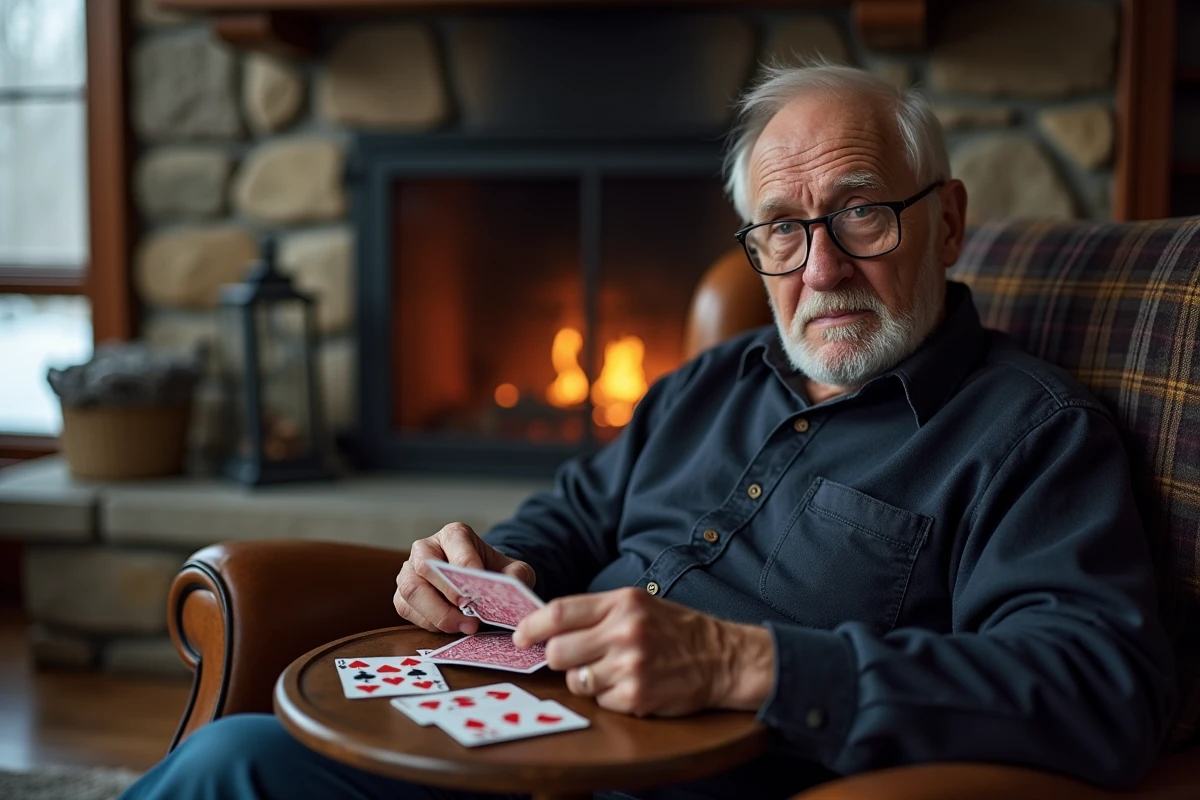Un homme senior joue seul aux cartes en solitaire dans un fauteuil confortable près d'une cheminée en hiver