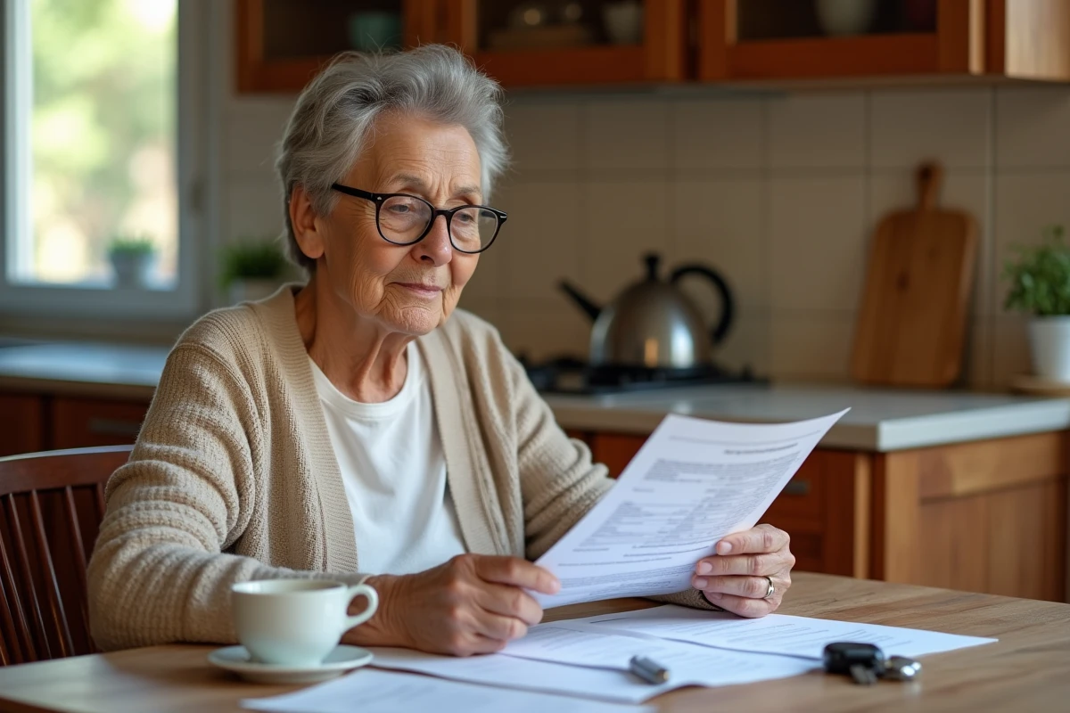 Femme âgée lisant des documents officiels sur la visite médicale obligatoire pour le permis de conduire après 70 ans