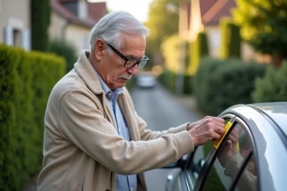 Un homme senior appose le macaron S obligatoire sur la vitre arrière de sa voiture dans une allée résidentielle française