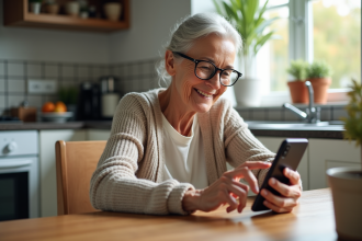 Femme senior souriante utilisant un smartphone Android à la maison