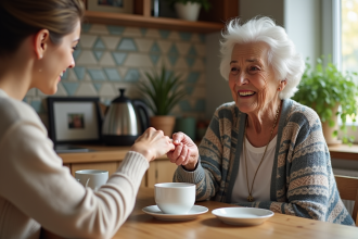 Seniorelle partageant un thé avec une jeune femme dans la cuisine
