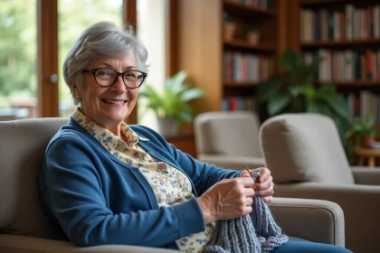 Femme âgée qui tricote dans un salon chaleureux