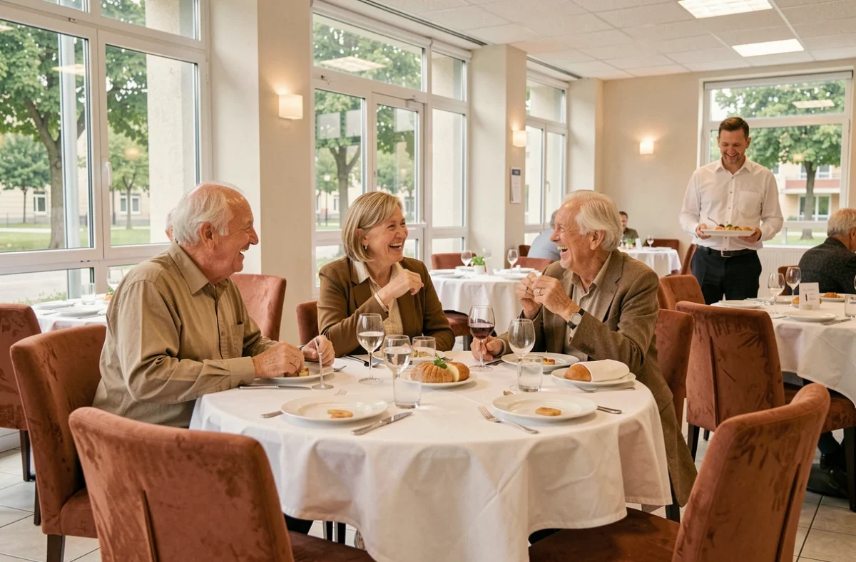 Salle à manger conviviale des Senioriales en ville de Noisy-le-Grand avec des résidents partageant un repas animé