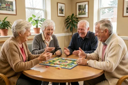 Groupe de seniors jouant à un jeu de société autour d'une table dans un centre de jour, partageant rires et convivialité