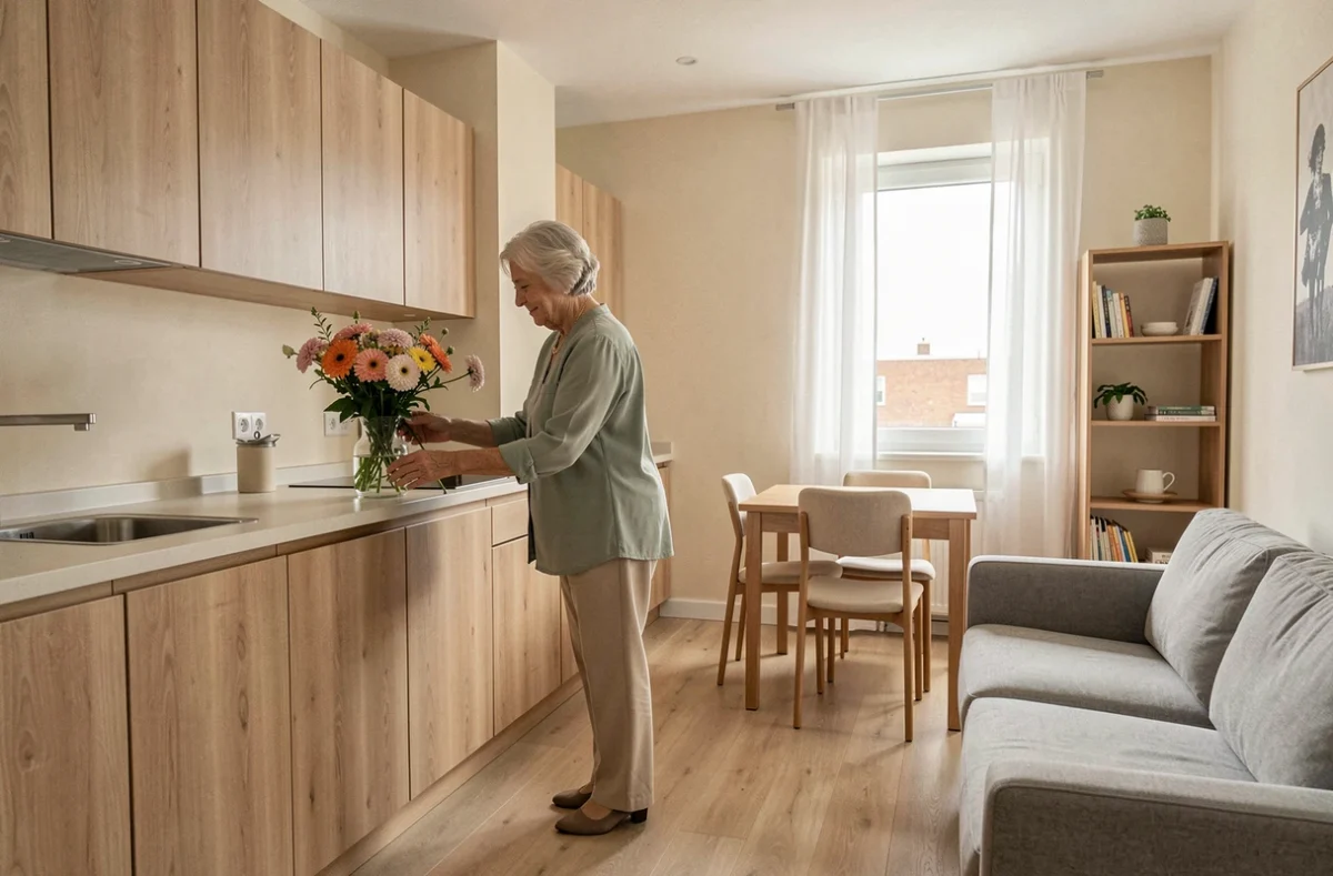 Appartement moderne et lumineux de la résidence Serenly à Drancy avec une résidente arrangeant des fleurs