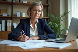Assistante sociale rédigeant un signalement de personne vulnérable au procureur sur un bureau administratif