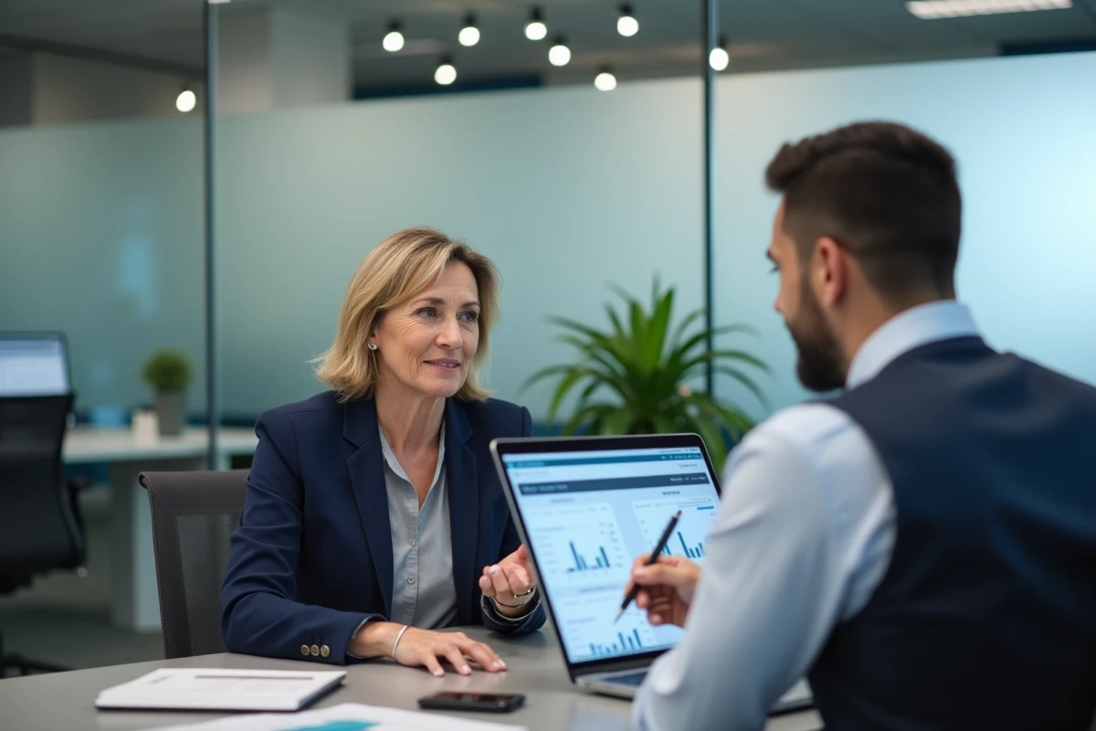 Conseillère financière présentant une simulation de retraite mutualiste du combattant à une cliente