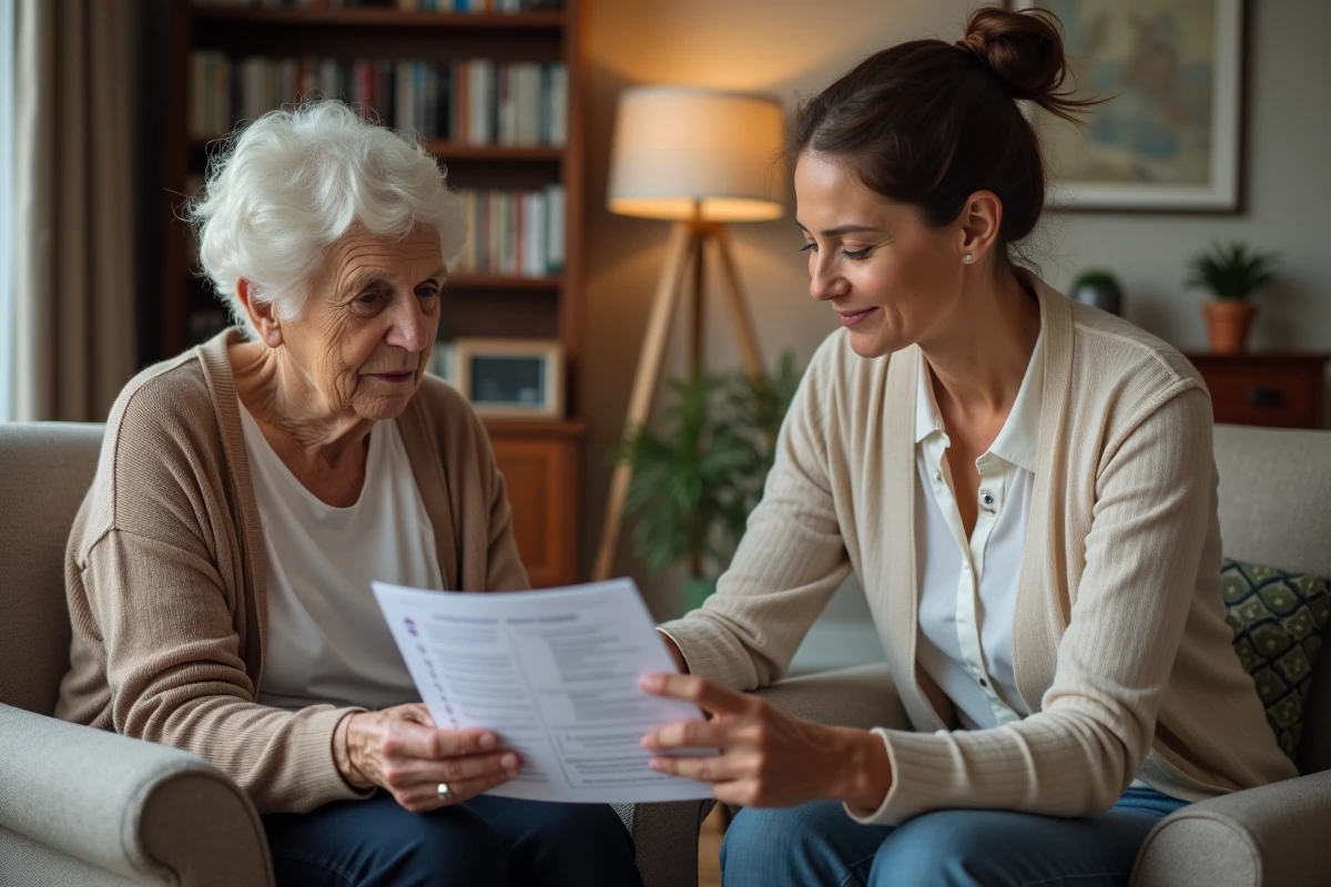 Une femme explique un formulaire à une personne âgée dans un salon