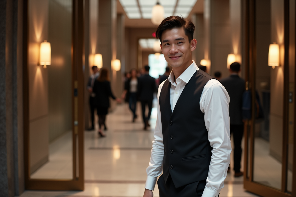Jeune homme en uniforme guide dans le lobby moderne