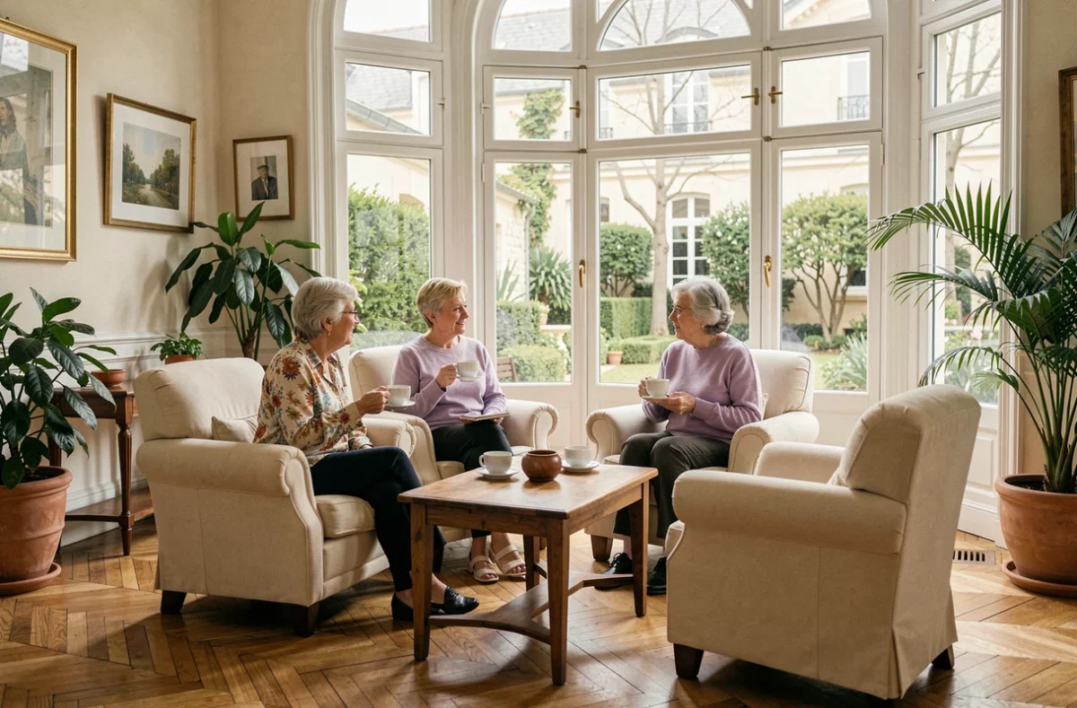 Salon commun chaleureux et élégant de la Villa Beausoleil à Drancy avec deux résidentes discutant autour d'un thé